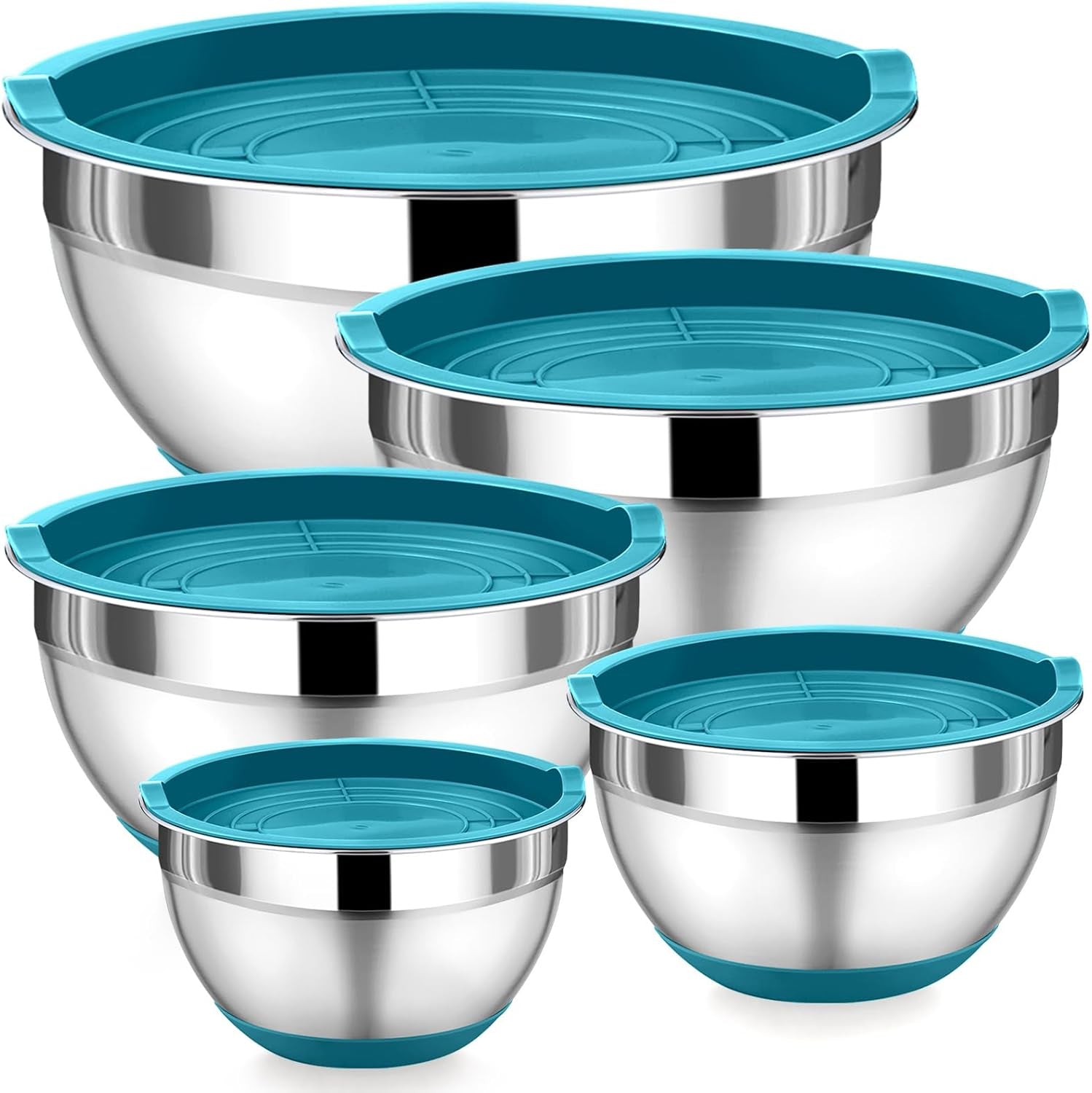 Mixing Bowls with Lids Set of 5, Stainless Steel Nesting Salad Bowl with Lid & Base for Non-Slip Mixing Prepping Storing Serving, 5 Sizes-7/3.5/2.5/1.5/1 QT, Blue