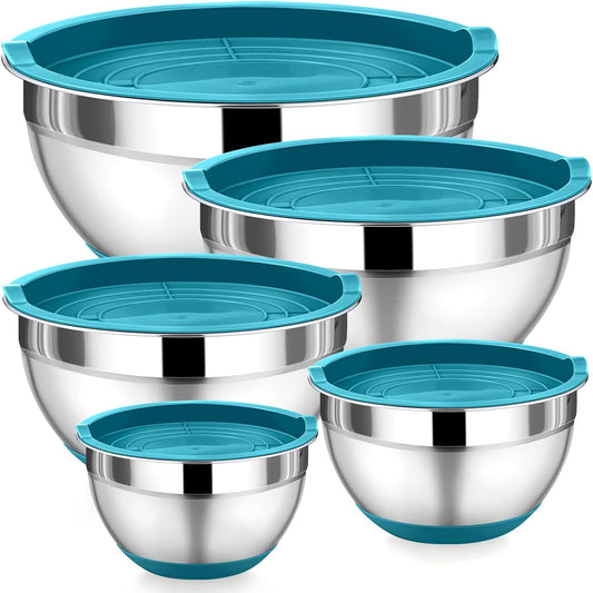 Mixing Bowls with Lids Set of 5, Stainless Steel Nesting Salad Bowl with Lid & Base for Non-Slip Mixing Prepping Storing Serving, 5 Sizes-7/3.5/2.5/1.5/1 QT, Blue