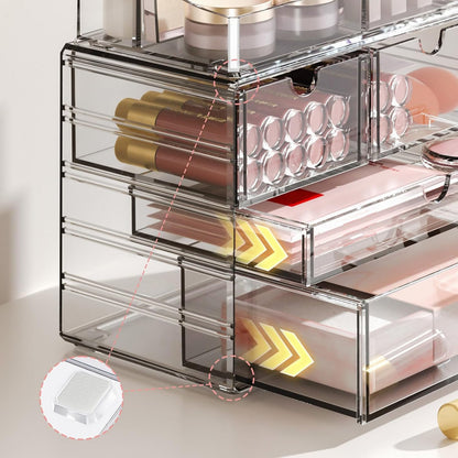4-Tier Clear Makeup Organizer with Drawer, Acrylic Cosmetic Display Case for Makeup Vanity Bathroom Counter Organizers and Storage, Stackable Vanity Organizer for Brushes Lipsticks Skincare