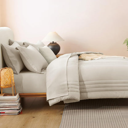 Queen Comforter Set - 7 Pieces Bed in a Bag Beige Comforters Queen Size Bed Set, Soft Bedding Set with All Seasons Comforter, Sheets, Pillowcases & Shams