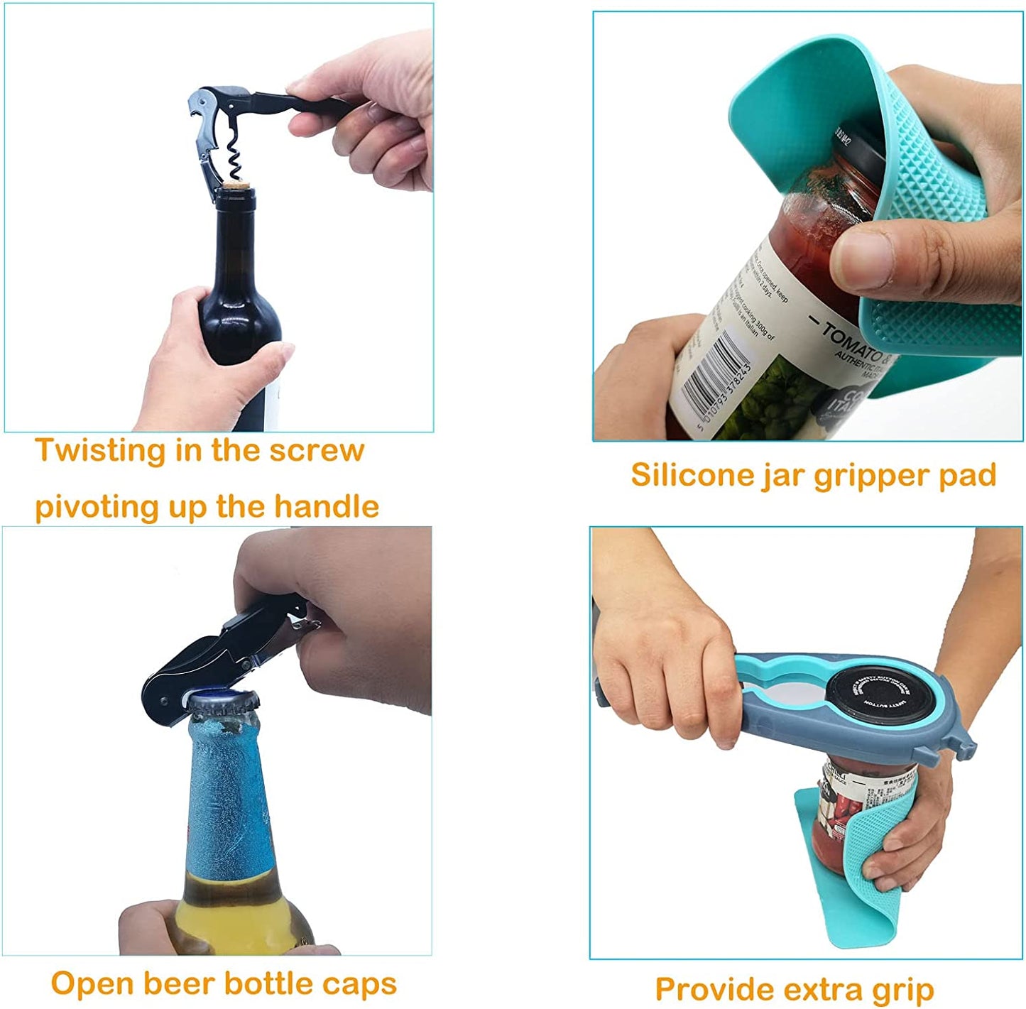 Ergonomic Jar, Bottle, and Can Opener with Rubber Gripper Pad and Corkscrew for Enhanced Accessibility for Seniors and Individuals with Limited Hand Strength