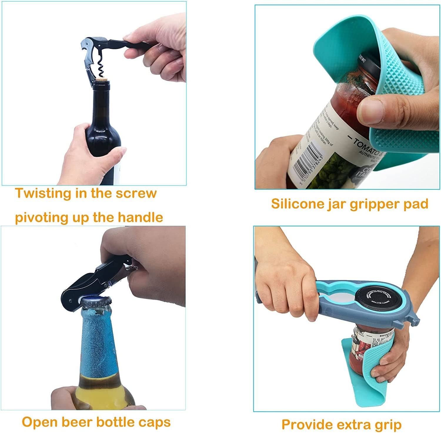Ergonomic Jar, Bottle, and Can Opener with Rubber Gripper Pad and Corkscrew for Enhanced Accessibility for Seniors and Individuals with Limited Hand Strength
