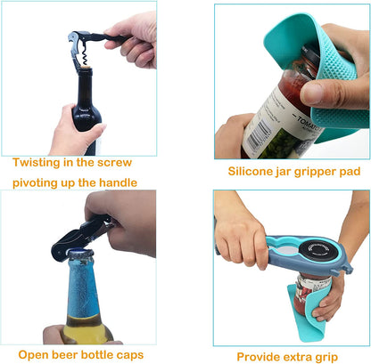 Ergonomic Jar, Bottle, and Can Opener with Rubber Gripper Pad and Corkscrew for Enhanced Accessibility for Seniors and Individuals with Limited Hand Strength