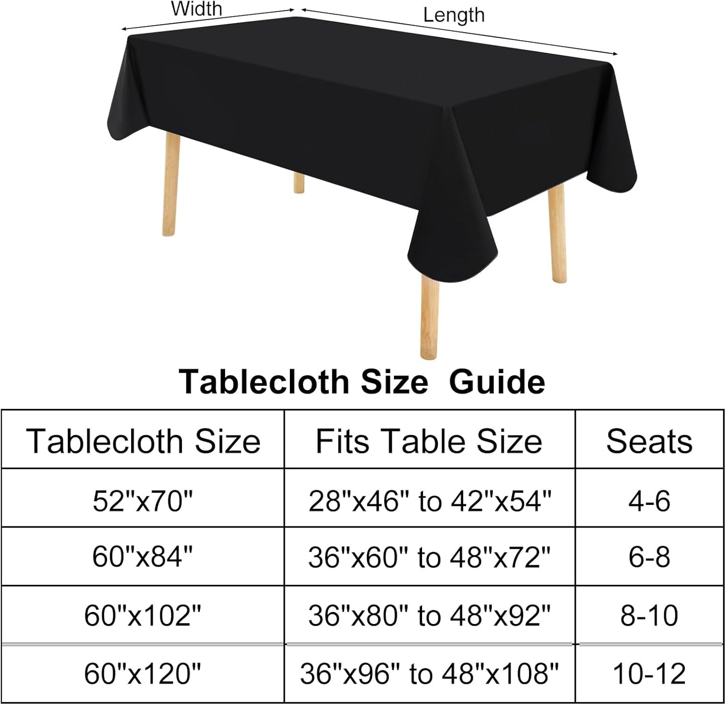 Rectangle Vinyl Tablecloth, Waterproof Spillproof Plastic Flannel Backed Table Cloth, Wipe Clean Table Cover for Dining, Buffet Parties and Camping (Black, 54" X 78")