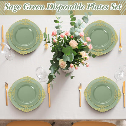 300-Piece Sage Green Plastic Dinnerware Set with Gold Accents - Includes 50 Dinner Plates (10.2"), 50 Dessert Plates (7.5"), and 150 Gold Utensils for Weddings and Events