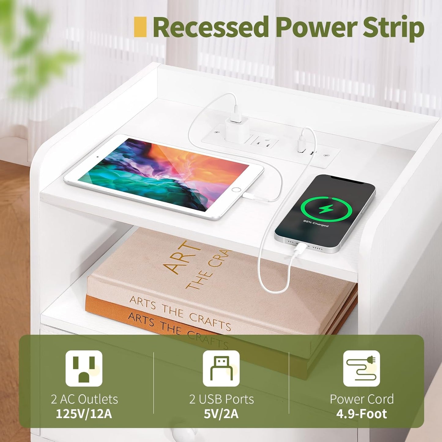 Nightstand with Charging Station, Modern Night Stand with LED Lights, Wood Nightstands with Fabric Drawer & Storage Shelf, Night Stands Bedside Table with USB Ports for Bedroom, Office, Home