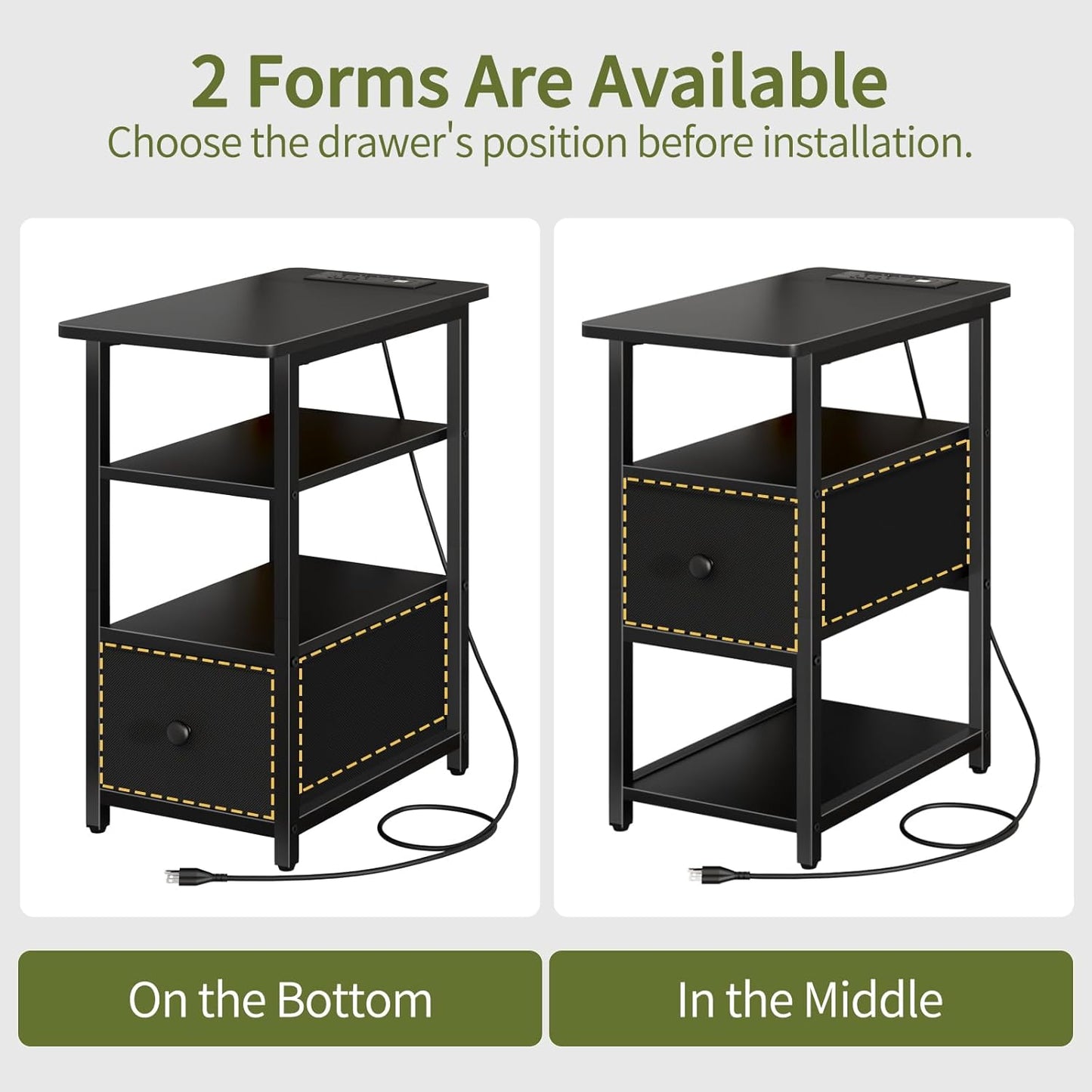 End Table with Charging Station, Narrow Side Table with Adjustable Fabric Drawer, 3-Tier End Tables Living Room, Small Nightstand with Outlets, LED Skinny Night Stand for Bedroom Small Spaces