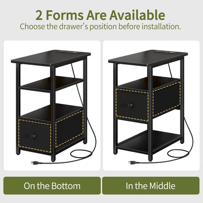 End Table with Charging Station, Narrow Side Table with Adjustable Fabric Drawer, 3-Tier End Tables Living Room, Small Nightstand with Outlets, LED Skinny Night Stand for Bedroom Small Spaces