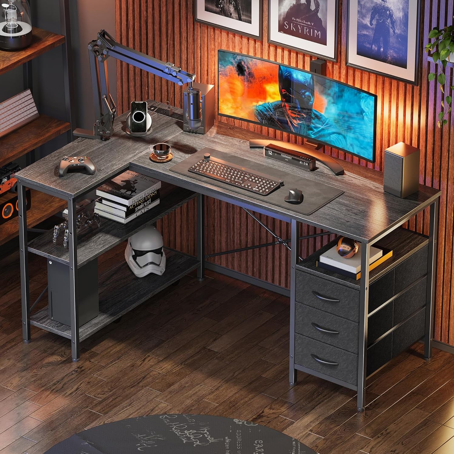 L-Shaped Office Desk with Power Outlets, 47-Inch Computer Desk Featuring 3 Drawers and Shelves for Gaming, Home Office, and Study - Grey