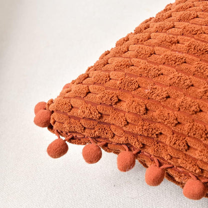 Set of 2 Rust Decorative Throw Pillow Covers 18X18 Inch with Pom-Poms for Couch Bed Sofa, Modern Farmhouse Boho Home Decor, Soft Plush Corduroy Terracotta Cushion Case 45X45 Cm