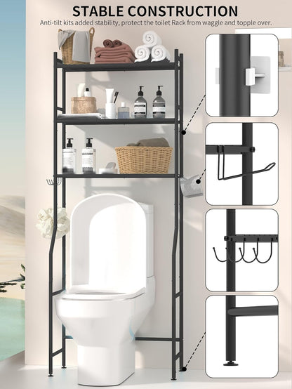3-Tier Over-the-Toilet Storage Shelves, Freestanding Metal Bathroom Organizer with 4 Hooks, Black