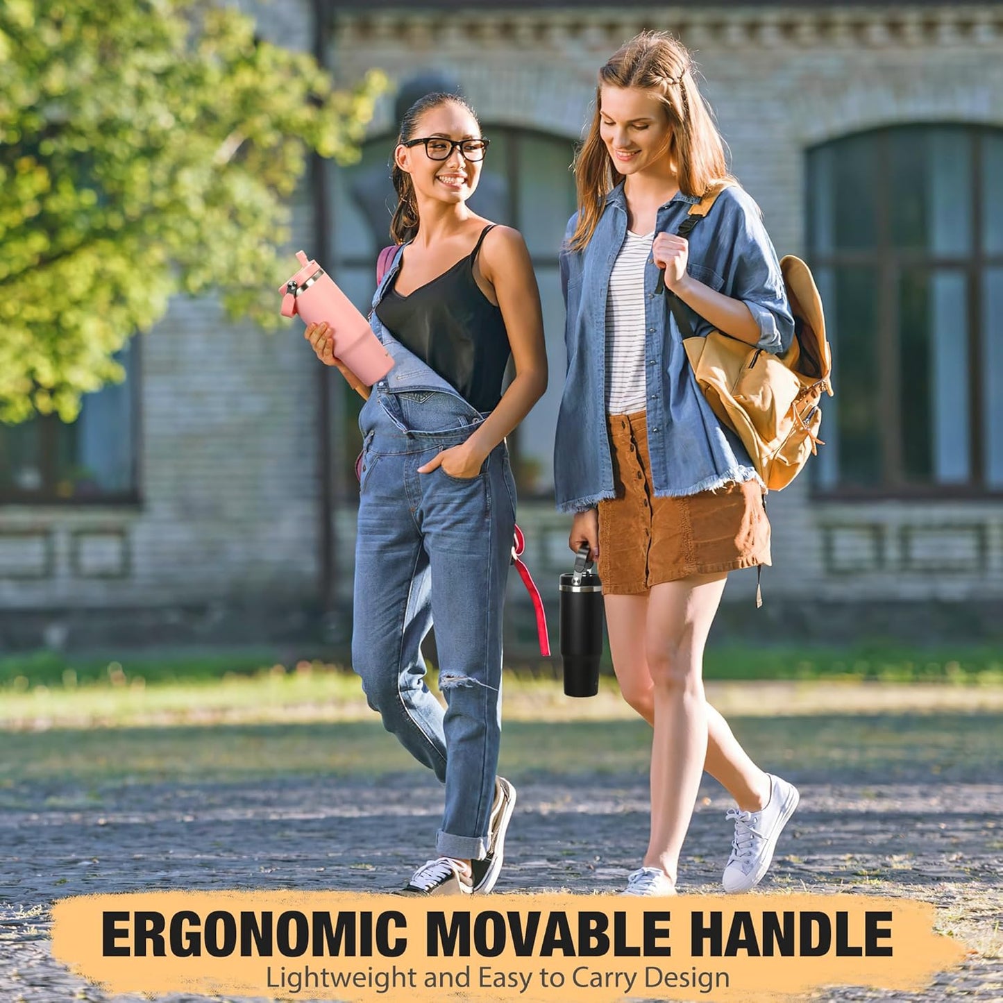 30 Oz Tumbler with Handle and Straw | Vacuum Insulated Water Bottles with Flip Straw and Top Handle | Stainless Steel Travel Mug Reusable Insulated Cup for Home, Outdoors | Cold for 30 Hours | Black