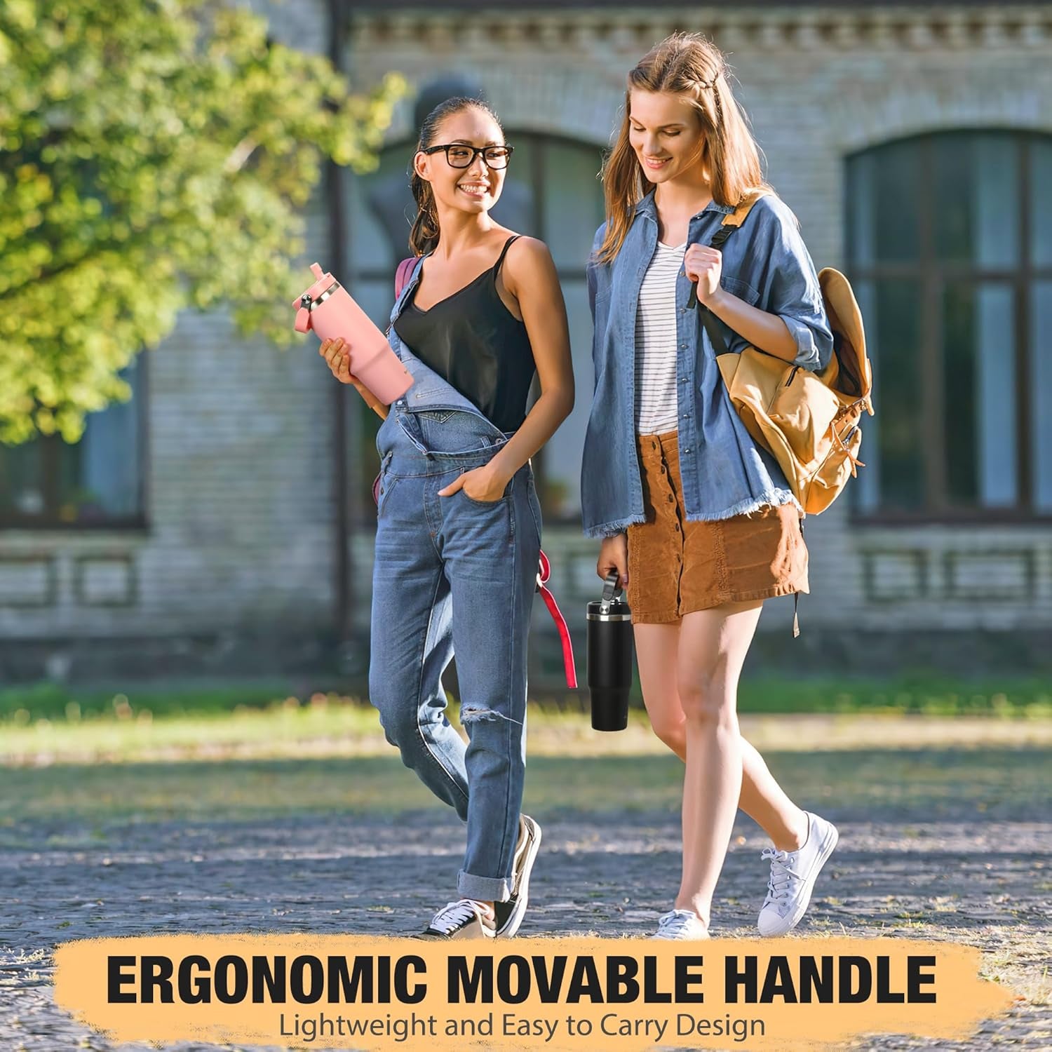 30 Oz Tumbler with Handle and Straw | Vacuum Insulated Water Bottles with Flip Straw and Top Handle | Stainless Steel Travel Mug Reusable Insulated Cup for Home, Outdoors | Cold for 30 Hours | Black