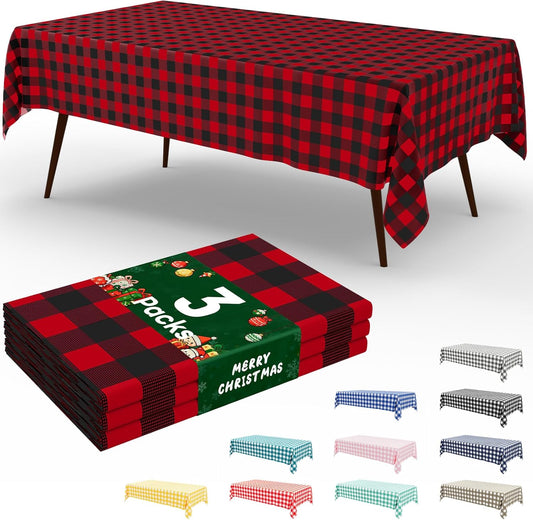 3 Packs Buffalo Disposable Table Cloth, 54 X 108 Inch Waterproof Plastic Tablecloth, Rectangle Black and Red Checkered Table Covers for Picnic, Birthday, Party