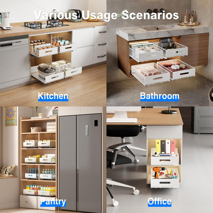 2 Pack Pull Out Cabinet Organizer, Slide Out Cabinet Drawers Peel and Stick Pull Out Drawers Heavy Duty Pull Out Shelf for Kitchen, Cupboard, Pantry, Bathroom (16.5" D*11.8" W*3.94" H-White)