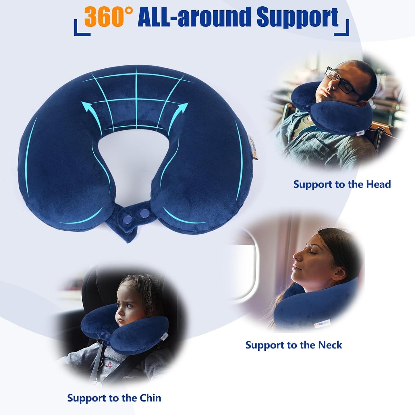 Neck Pillows for Travel-Head Neck Support Travel Pillow for Traveling, Car, Home, Office Adjustable(Navy Blue)