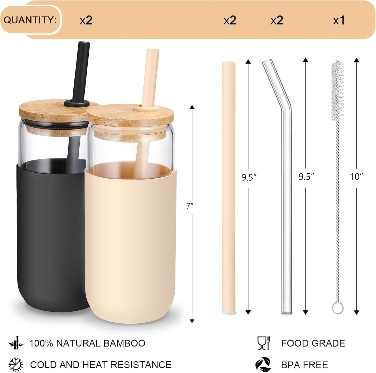 20 OZ Glass Cups with Bamboo Lids and Straws - Beer Can Drinking Glasses with Silicone Protective Sleeve Set, Iced Coffee Glasses, Cute Tumbler Cup for Water, Smoothie, Boba Tea, Gift, 2 Colors