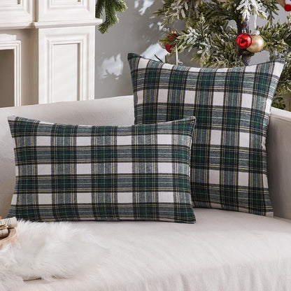 Christmas Set of 2 Scottish Tartan Plaid Throw Pillow Covers Farmhouse Classic Decorative Outdoor Square Cushion Cases for Decor Sofa Couch 18X18 Inch, Green and White