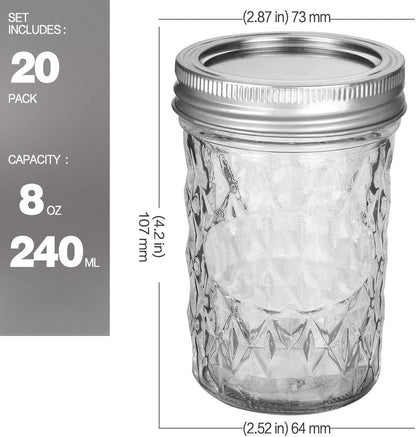 8 oz Mason Jars with Regular Lids and Bands, 20-Pack, Ideal for Canning, Jam, Honey, and Wedding Favors, Includes 20 Extra Lids