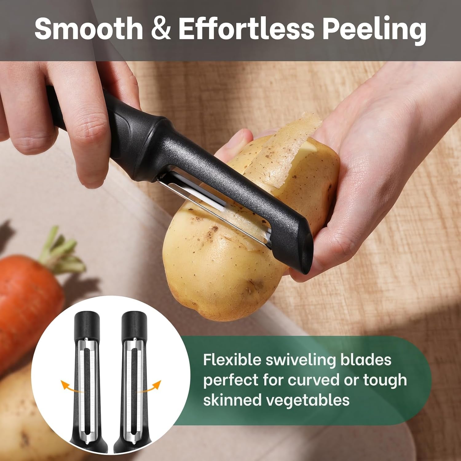 Swivel Vegetable Peeler, Razor-Sharp Smooth Peeling Stainless Steel Blades, Ergonomic Comfort Non-Slip Rubber Handle, Durable Kitchen Peeler Tool with Potato Eye Remover, Dishwasher Safe, Black