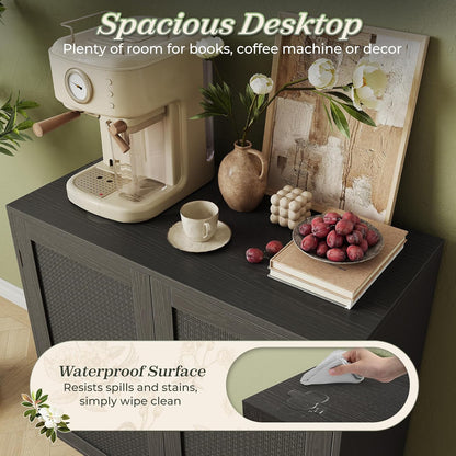 Elegant Buffet Cabinet with Storage, Featuring PE Rattan Decor Doors and Solid Wood Feet, Ideal for Hallway, Entryway, and Living Room, All Black Finish