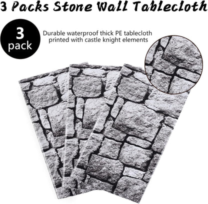 3 Packs Stone Wall Tablecloths 54 X 108 Inch Halloween Table Cloth Stone Printed Table Cover Wallpaper Plastic Medieval Castle Knight Themed Backdrop Stones Brick Tablecovers for Birthday Party