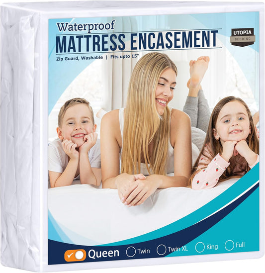 Zippered Mattress Encasement Queen, 100% Waterproof Bed Bug and Dust Mite Proof Mattress Protector, Absorbent Six-Sided Mattress Cover