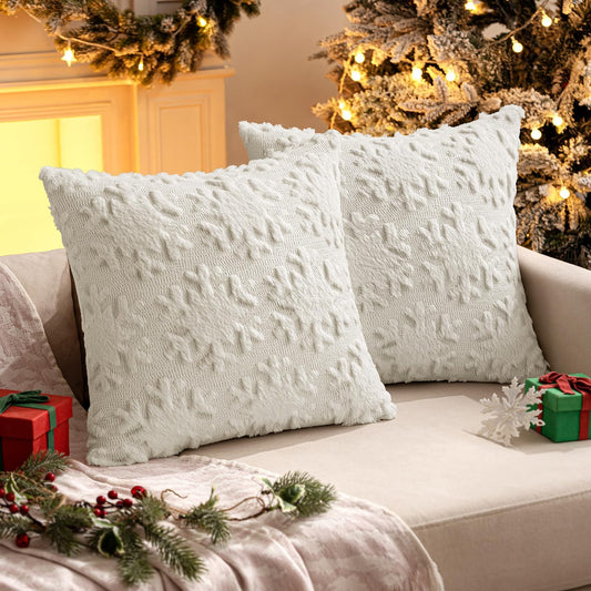 Christmas Snowflake Decorative Throw Pillow Covers Set of 2,Soft Fluffy Faux Wool Winter Holiday Couch Pillows for Farmhouse Boho Home Decor Sofa Bed Porch Living Room 18X18 Inch Cream White