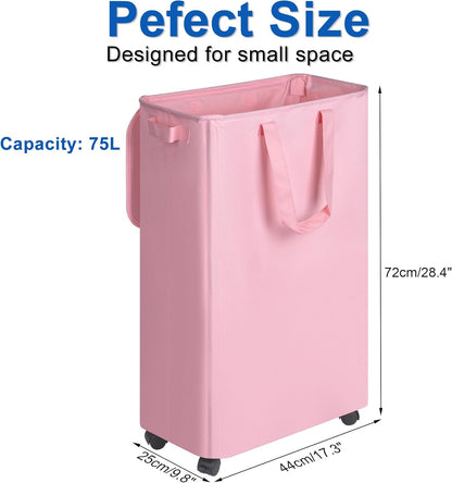 Slim Laundry Hamper with Lid and Wheels, Small Rolling Laundry Basket with Handle for Small Spaces, Tall Dirty Clothes Hampers for Dorm, Bathroom and Bedroom, 75L, Pink