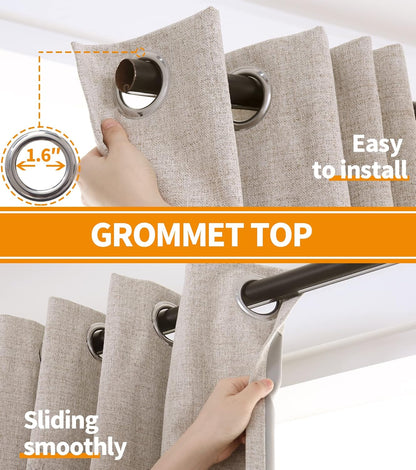 Linen Blackout Curtains 63 Inch Length for Bedroom, Grommet Thermal Insulated Black Out Window Drapes for Living Room Winter Room Darkening Blinds Privacy, 2 Panels, 52 X 63 Inch, Beige