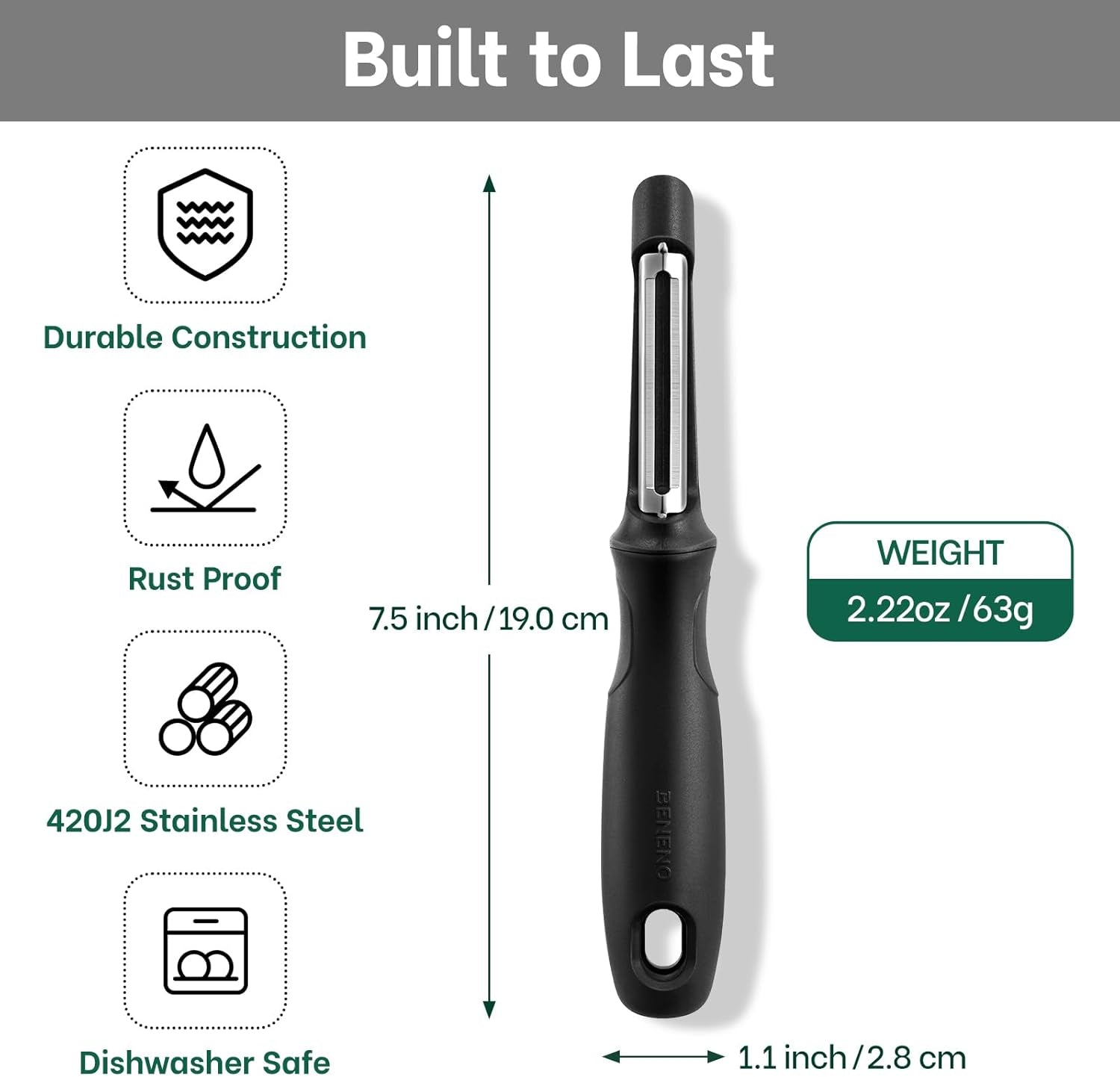 Swivel Vegetable Peeler, Razor-Sharp Smooth Peeling Stainless Steel Blades, Ergonomic Comfort Non-Slip Rubber Handle, Durable Kitchen Peeler Tool with Potato Eye Remover, Dishwasher Safe, Black