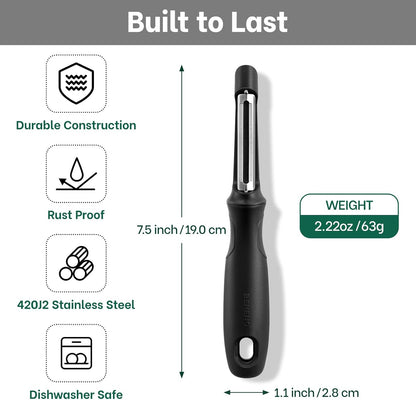 Swivel Vegetable Peeler, Razor-Sharp Smooth Peeling Stainless Steel Blades, Ergonomic Comfort Non-Slip Rubber Handle, Durable Kitchen Peeler Tool with Potato Eye Remover, Dishwasher Safe, Black
