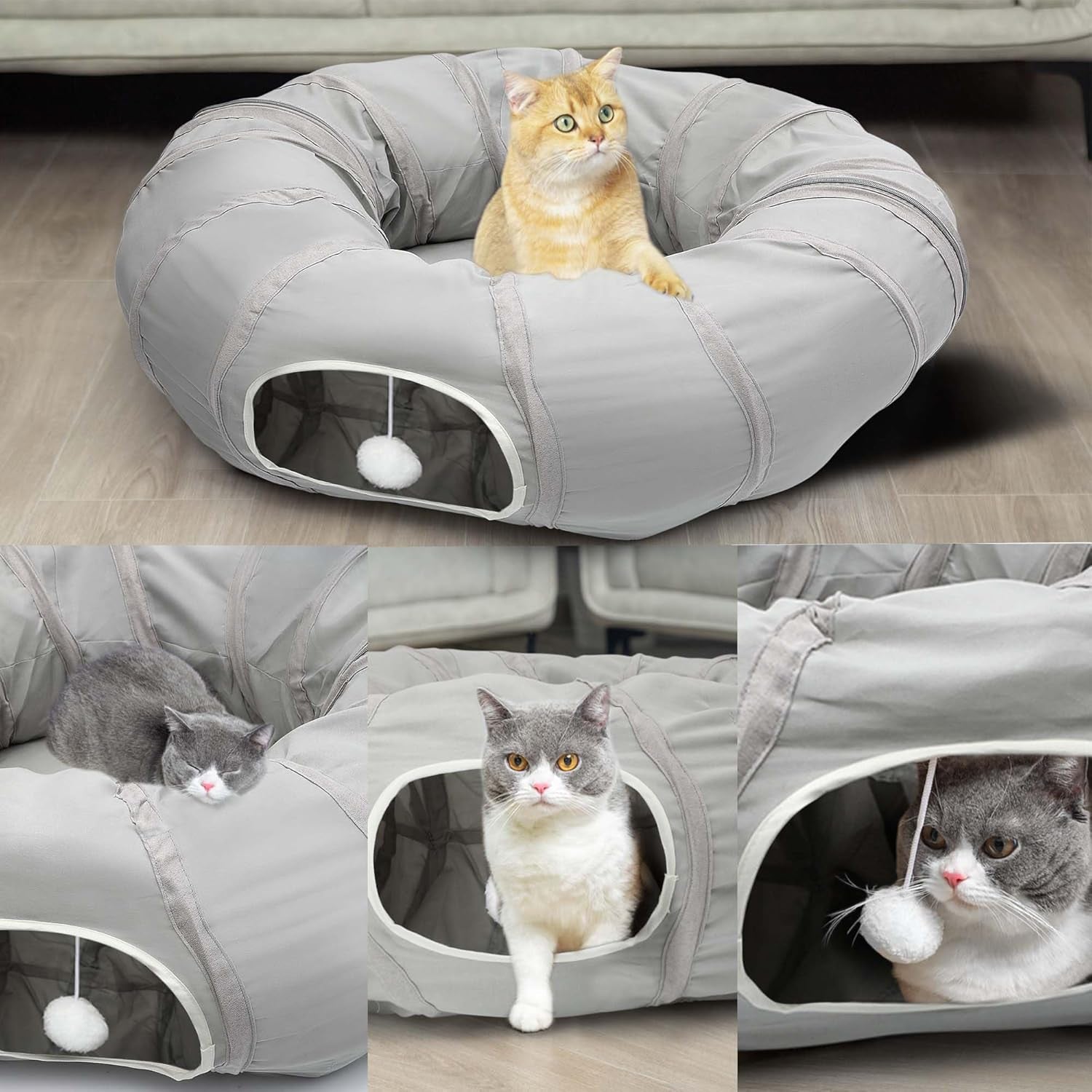 Cat Play Tunnel - round Cat Tunnel with Bed | Interactive Cat Toys for Indoor Cats Kitten Kitty Puppy Rabbit Ferret (Light Grey)
