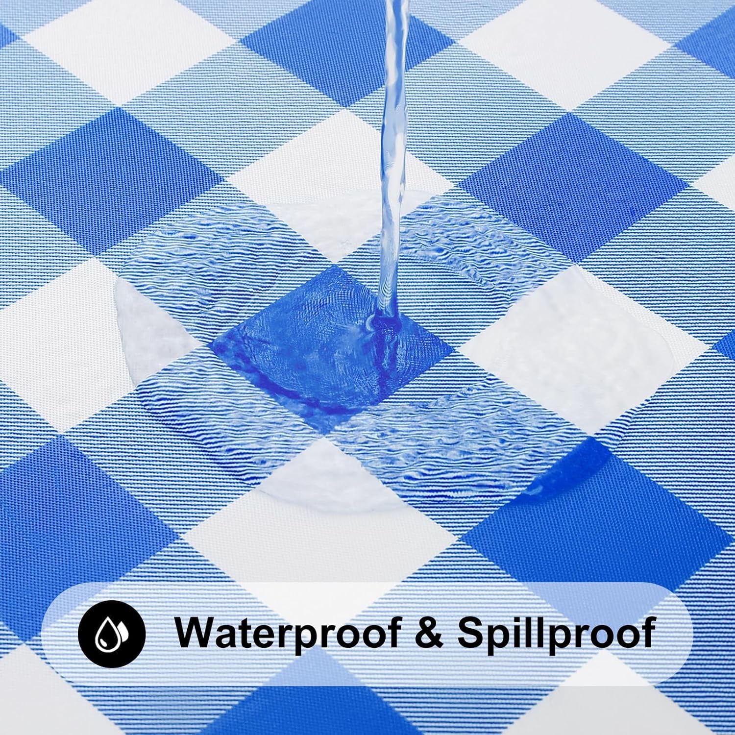 round Picnic Tablecloth, Elastic Waterproof Fitted Vinyl Tablecloths for 36"-44" Tables, Flannel Backed Buffalo Plaid Table Cover for Dining, Camping, Outdoor, White and Blue