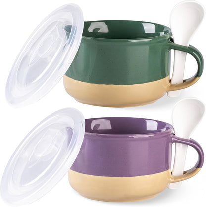 Ceramic Soup Mugs with Handles and Lids, 24 oz Set of 2 with Terracotta Underside, Versatile Mug Bowls with Spoon for Soup, Cereal, Salad, Noodles, and Ramen - Microwave and Dishwasher Safe in Green and Purple