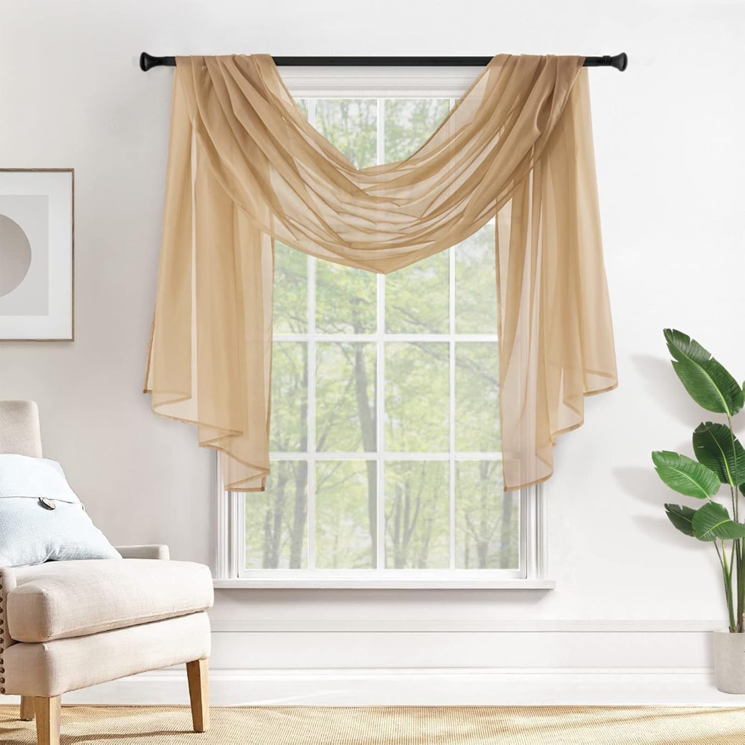 Window Scarf for Party Voile Curtain Scarf Sheer Window Valance Draping Fabric for Wedding Arch Ceremony Canopy Bed, Swag Curtain Window Treatment One Panel, 54 X 144 Inches Long, Brown