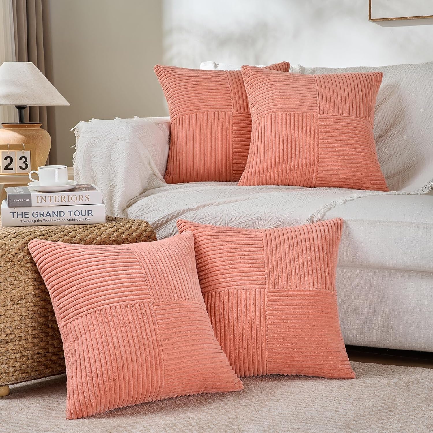 4 Packs Coral Decorative Throw Pillow Covers 18X18 Inch for Living Room Couch Bed, Rustic Farmhouse Boho Home Decor, Soft Cross Corduroy Patchwork Textured Peach Cushion Case 45X45 Cm