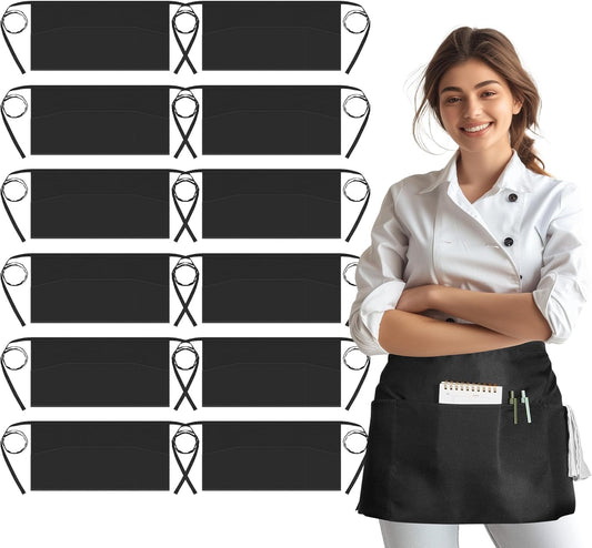 12 Pack Server Aprons with 3 Pockets, Water Resistant Waitress Waist Apron for Women Men, Server Apron with Large Pockets for Waitress Book, Phone & Cutleries, 11.5-Inch Black