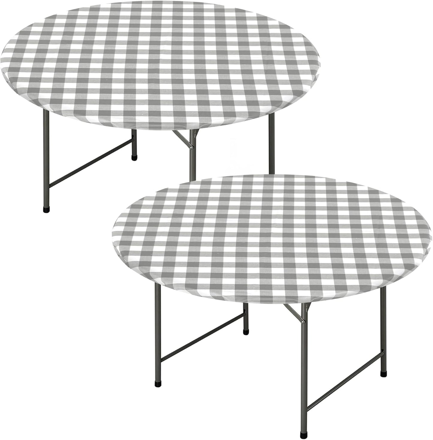 Round Vinyl Fitted Table Cover Set - 2 Pack Waterproof Checkered Elastic Edged Tablecloths with Flannel Backing for Picnics and Parties, Silver/White (Suitable for 45"-56" Round Tables)