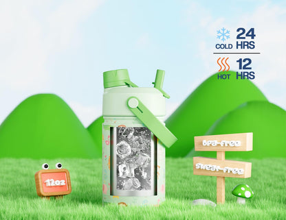 12 Oz Insulated Kids Water Bottle: Spill-Proof, Insulated Cup with Straw Spout Lid and Carrier Bag, Bpa-Free, Cupholder Friendly, 24H Cold for School, Camping, Sports, Birthday Gift (Critter Carnival)