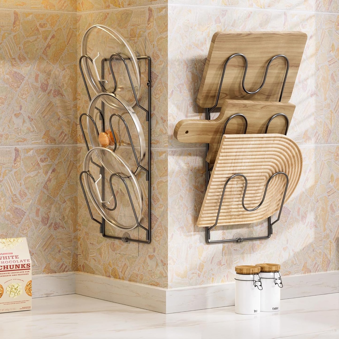 2 Pack Pot Lid Organizer Rack for Cabinet Door/Wall, 6-Tier Pot Lid Holders inside Cabinet Door, No Drilling Adhesive Wall/Door Mounted Rustproof Pots and Pans Lid Organizers for Kitchen Storage Black