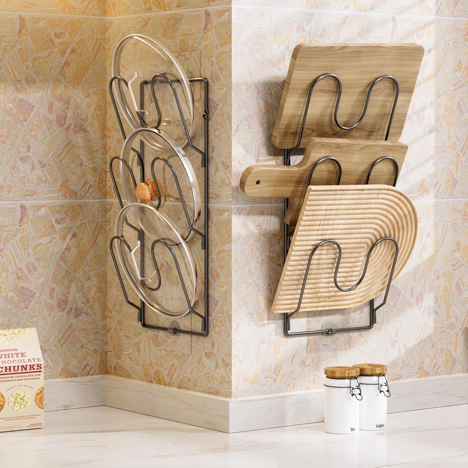 2 Pack Pot Lid Organizer Rack for Cabinet Door/Wall, 6-Tier Pot Lid Holders inside Cabinet Door, No Drilling Adhesive Wall/Door Mounted Rustproof Pots and Pans Lid Organizers for Kitchen Storage Black