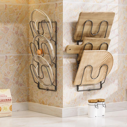 2 Pack Pot Lid Organizer Rack for Cabinet Door/Wall, 6-Tier Pot Lid Holders inside Cabinet Door, No Drilling Adhesive Wall/Door Mounted Rustproof Pots and Pans Lid Organizers for Kitchen Storage Black