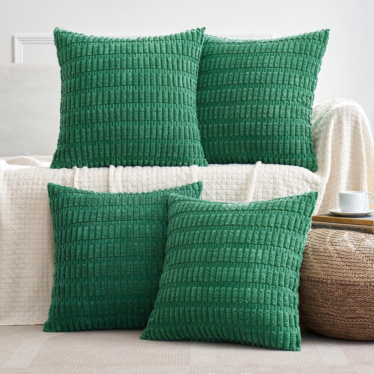 Pack of 4 Forest Green Corduroy Decorative Throw Pillow Covers 18X18 Inch Soft Boho Striped Pillow Covers Modern Farmhouse Home Decor for Sofa Living Room Couch Bed