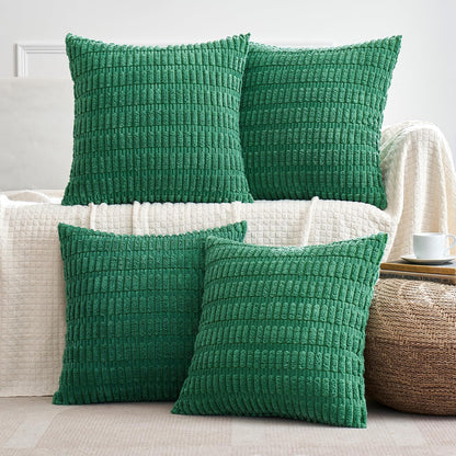 Pack of 4 Forest Green Corduroy Decorative Throw Pillow Covers 18X18 Inch Soft Boho Striped Pillow Covers Modern Farmhouse Home Decor for Sofa Living Room Couch Bed