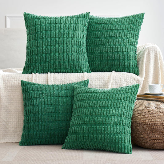 Pack of 4 Forest Green Corduroy Decorative Throw Pillow Covers 18X18 Inch Soft Boho Striped Pillow Covers Modern Farmhouse Home Decor for Sofa Living Room Couch Bed