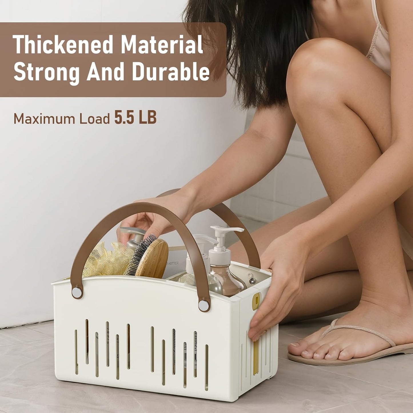 Portable Shower Basket Caddy with Double Handle Foldable Dry Wet Separation Design 11.0 × 7.1 × 6.5In, Travel, Camping, Gym, College Bathroom Tote, White, Ideal Christmas Gifts for Girls