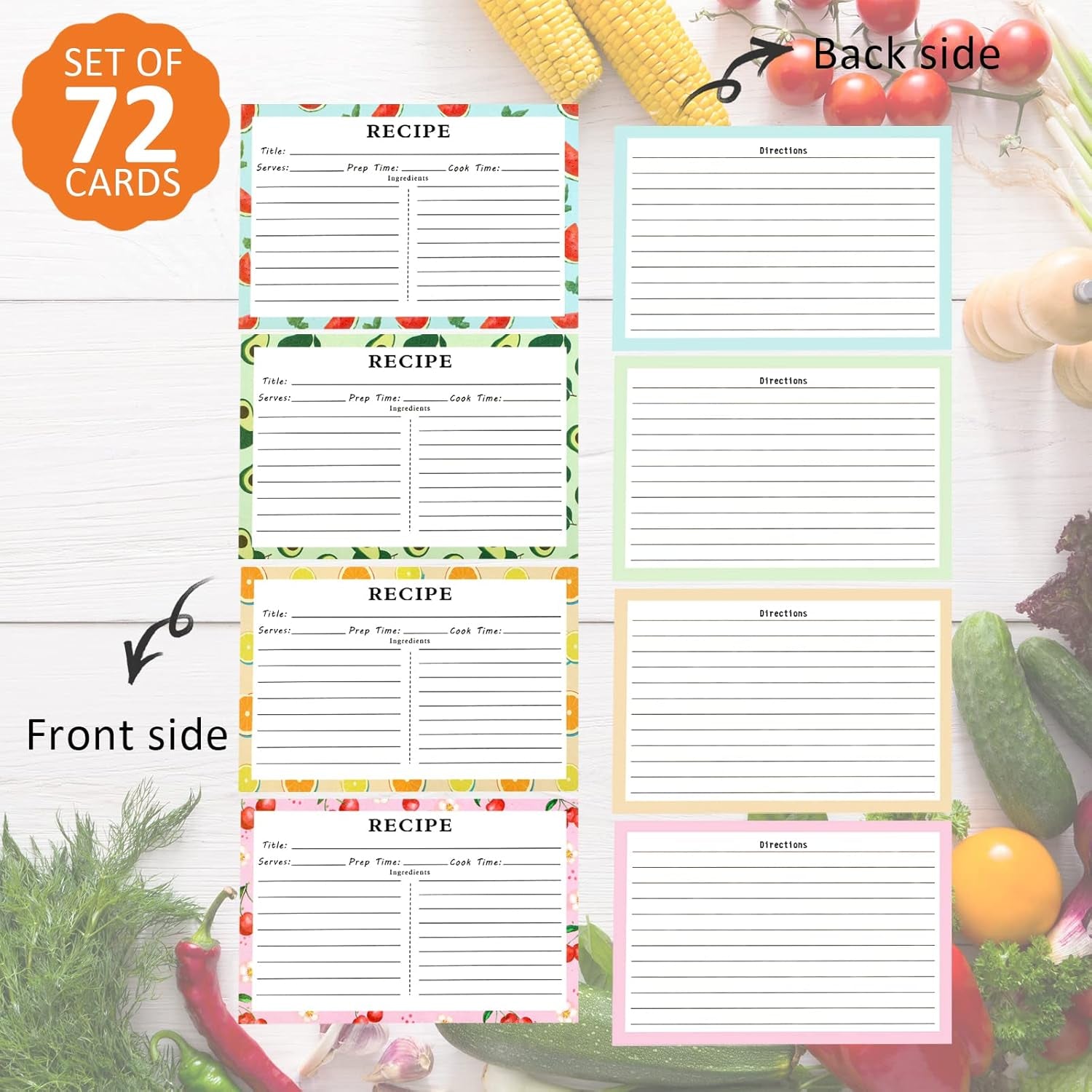 72 Blank Recipe Cards for Bridal Shower and Wedding - 4X6 Double Sided, 4 Fruit Design