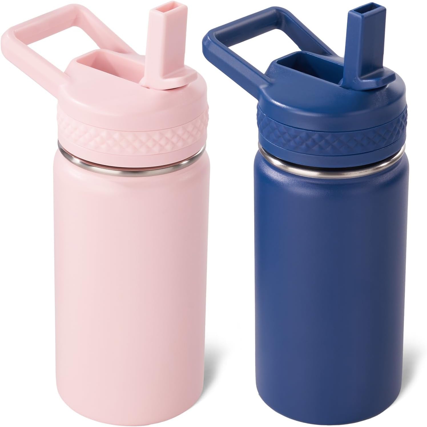 12 Oz Toddler Bottle, Kids Water Bottle for School Boys&Girls with Straws Lids, 304 Stainless Steel Vacuum Insulated Thermos, Bpa-Free, Blue + Pink