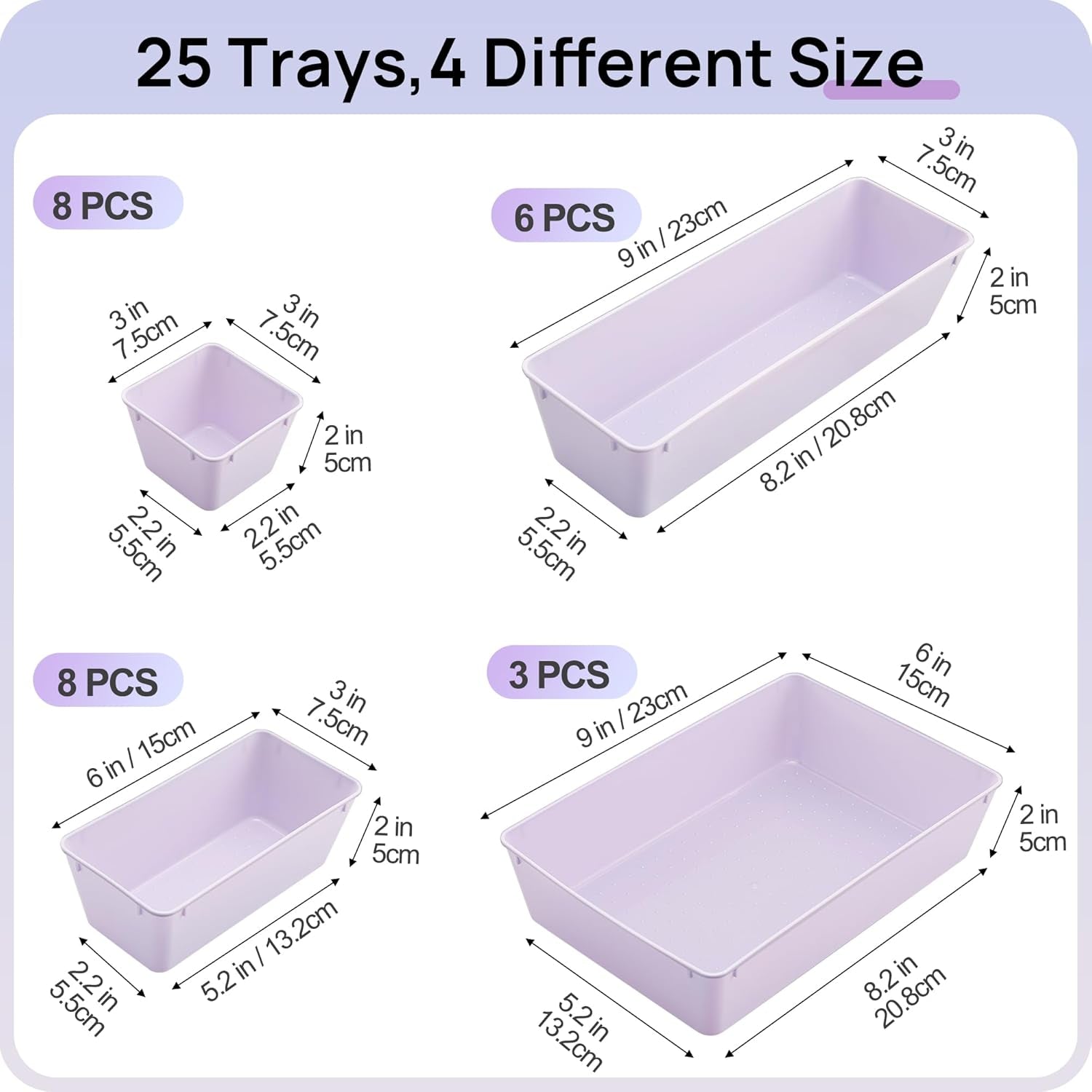 25 PCS Plastic Drawer Organizers Set, 4-Size Versatile Bathroom and Vanity Drawer Organizer Trays, Storage Bins for Makeup, Bedroom, Kitchen Gadgets Utensils and Office